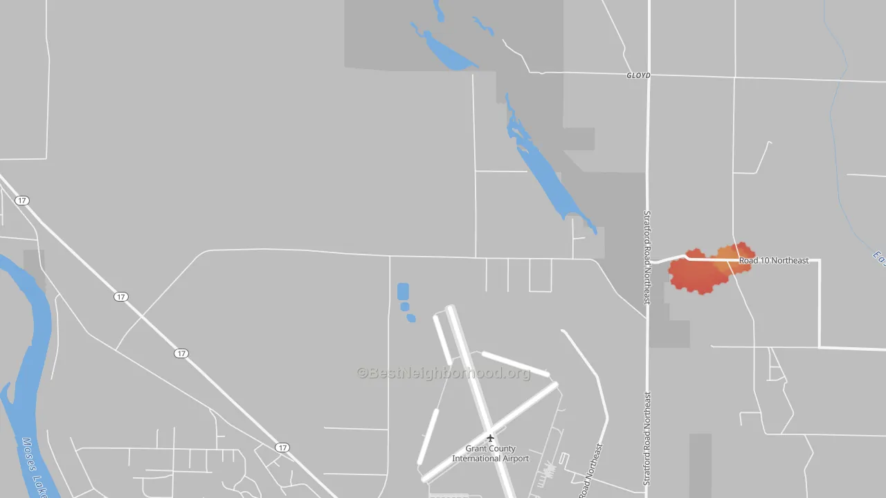 Walk Grade map of Moses Lake North, WA, walkable areas in green and car-dependent areas in red