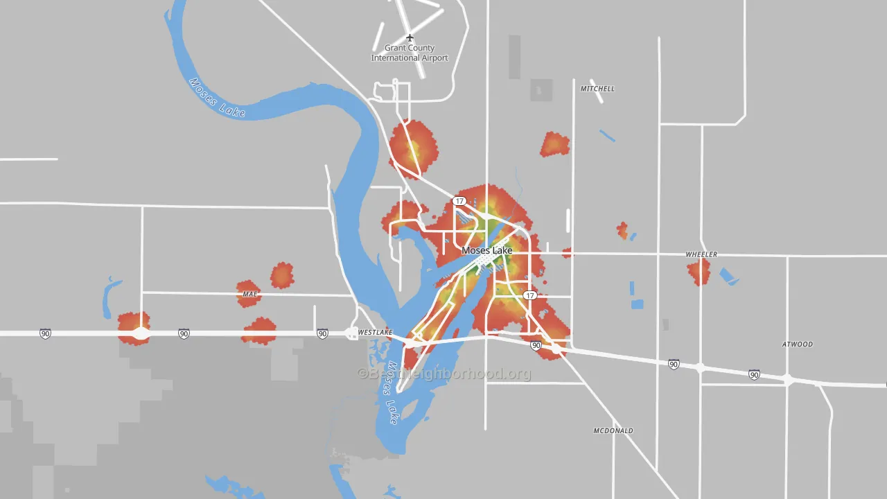 Walk Grade map of Moses Lake, WA, walkable areas in green and car-dependent areas in red