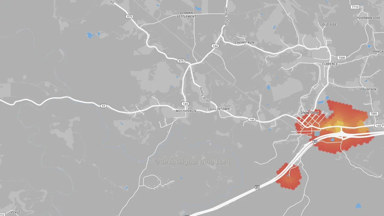 Walk Grade map of Moshannon, PA, walkable areas in green and car-dependent areas in red
