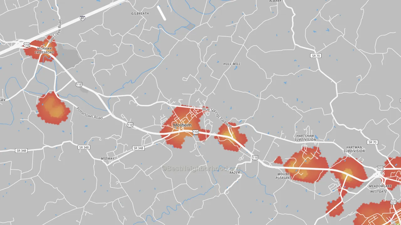 Walk Grade map of Mosheim, TN, walkable areas in green and car-dependent areas in red