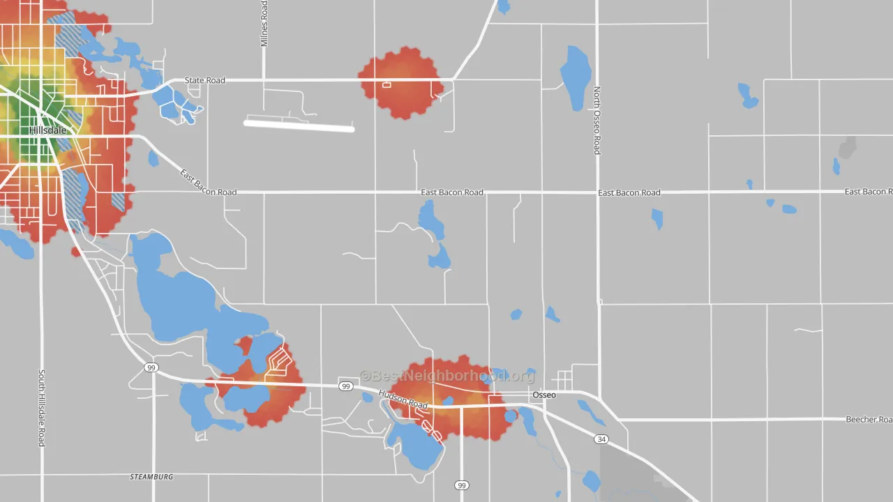 Walk Grade map of Mosherville, MI, walkable areas in green and car-dependent areas in red