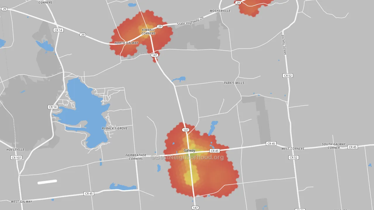 Walk Grade map of Mosherville, NY, walkable areas in green and car-dependent areas in red