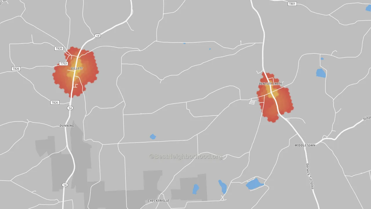 Walk Grade map of Mosherville, PA, walkable areas in green and car-dependent areas in red