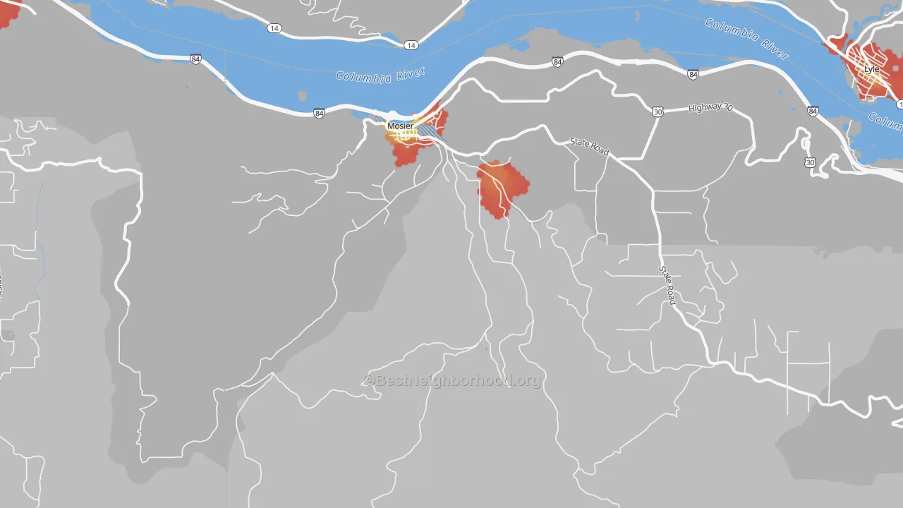 Walk Grade map of Mosier, OR, walkable areas in green and car-dependent areas in red