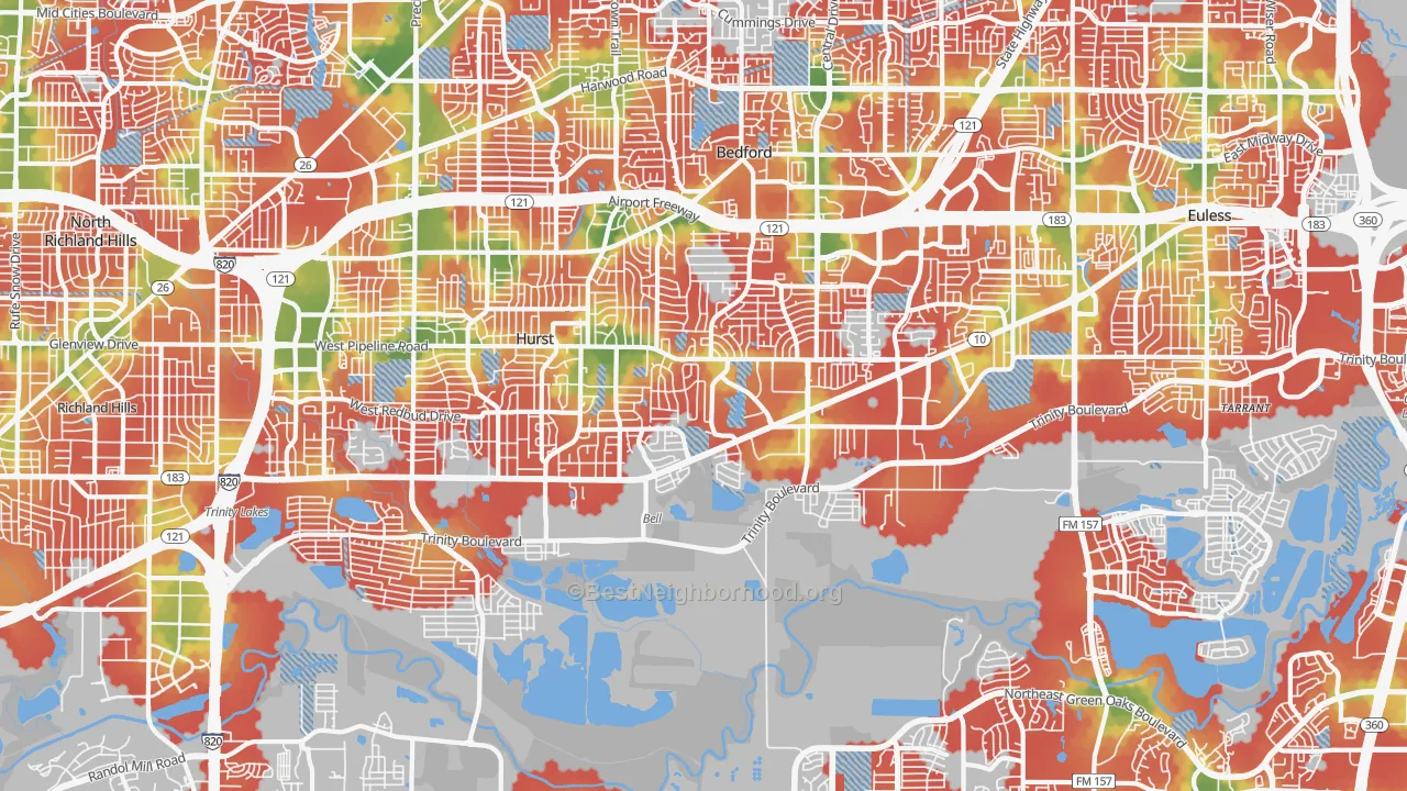 Walk Grade map of Mosier Valley, Euless, TX, walkable areas in green and car-dependent areas in red