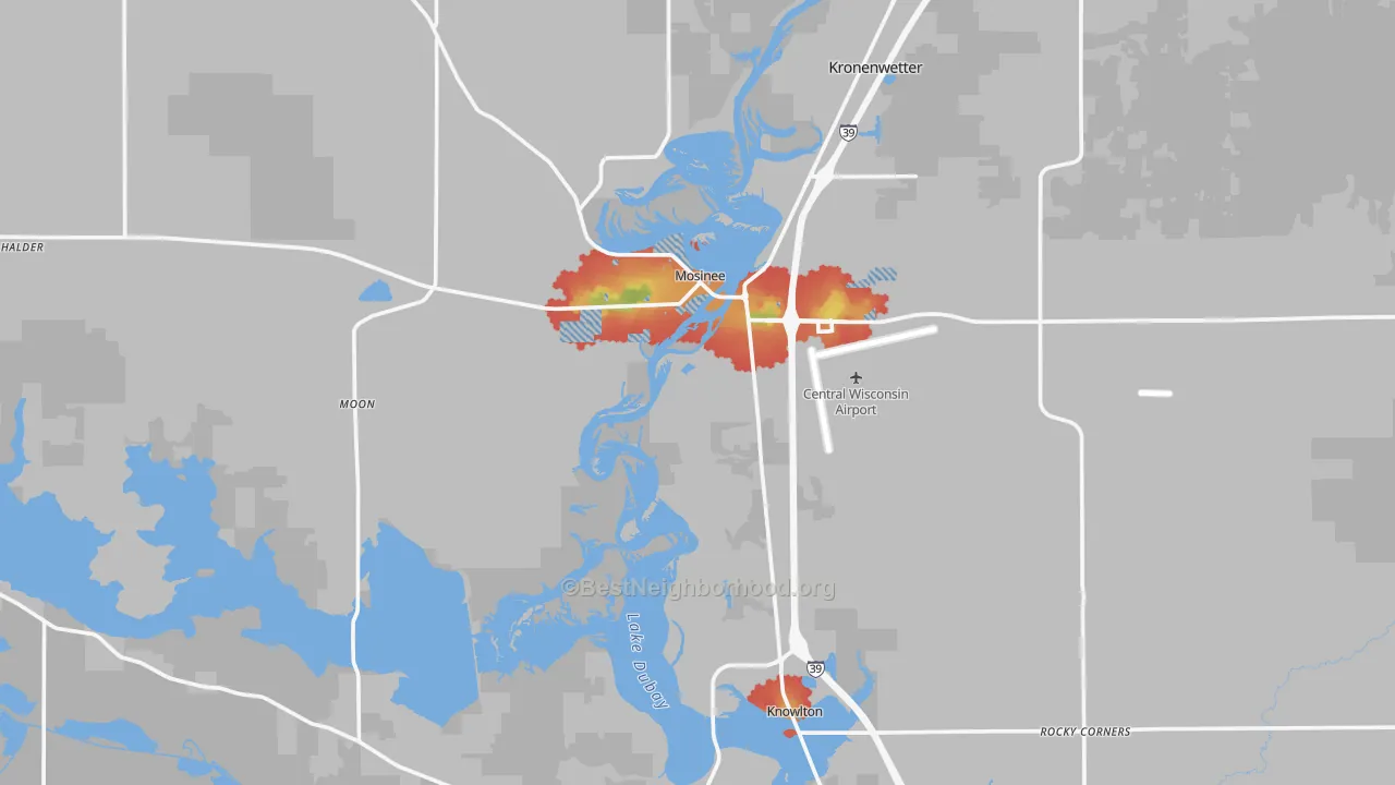 Walk Grade map of Mosinee, WI, walkable areas in green and car-dependent areas in red