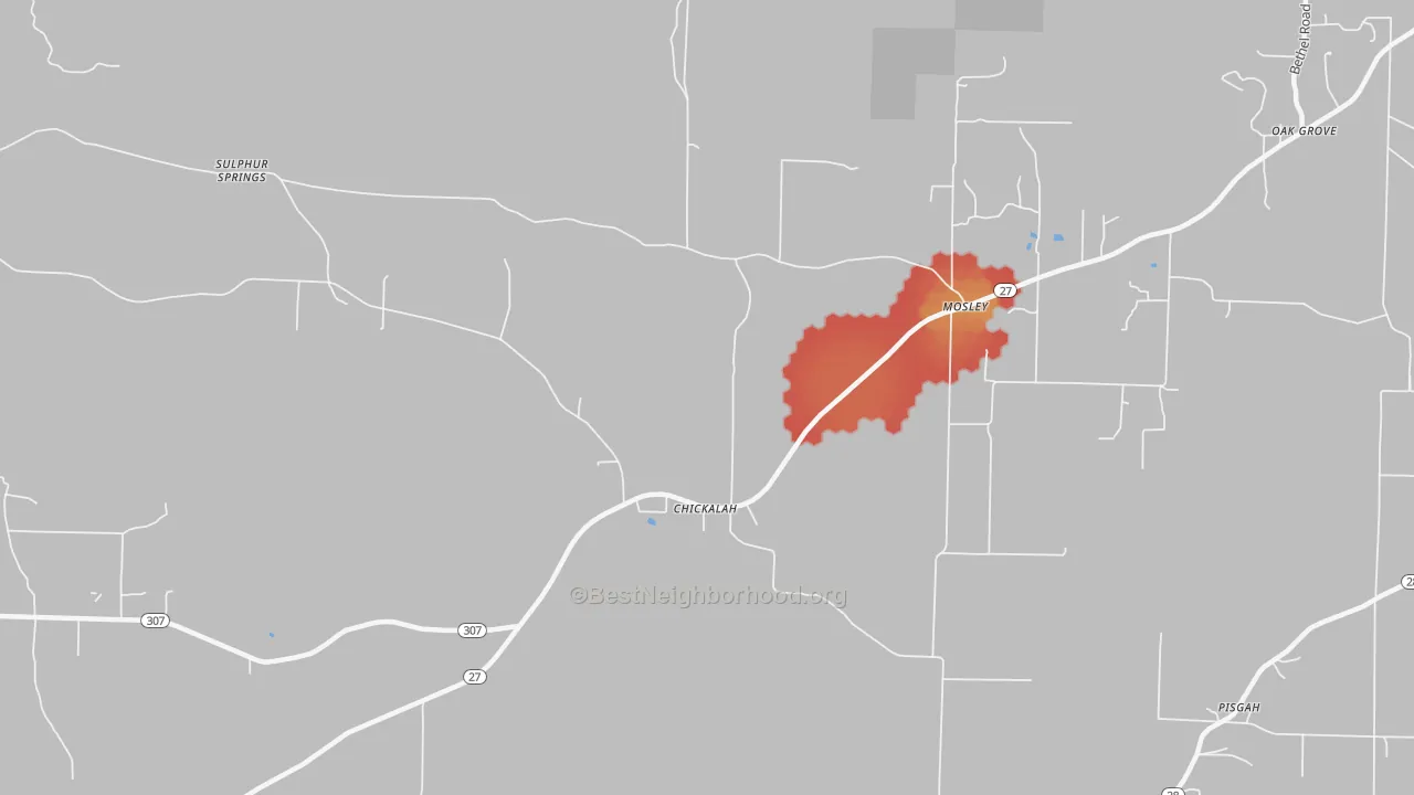 Walk Grade map of Mosley, AR, walkable areas in green and car-dependent areas in red