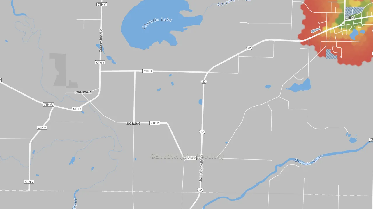 Walk Grade map of Mosling, WI, walkable areas in green and car-dependent areas in red