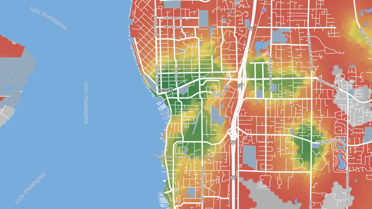 Walk Grade map of Moss Bay, Kirkland, WA, walkable areas in green and car-dependent areas in red