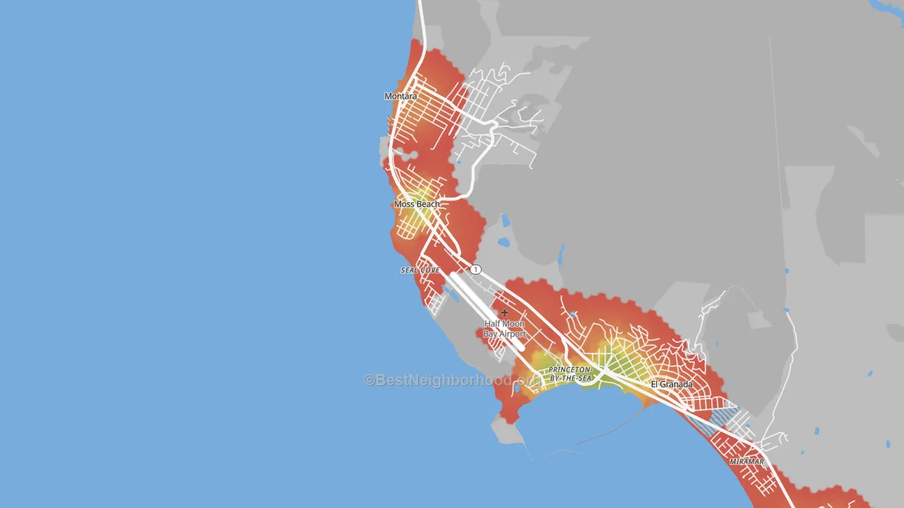 Walk Grade map of Moss Beach, CA, walkable areas in green and car-dependent areas in red