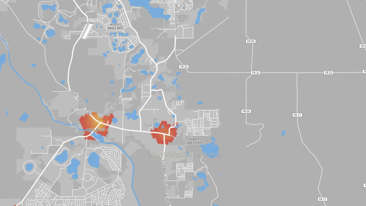 Walk Grade map of Moss Bluff, FL, walkable areas in green and car-dependent areas in red