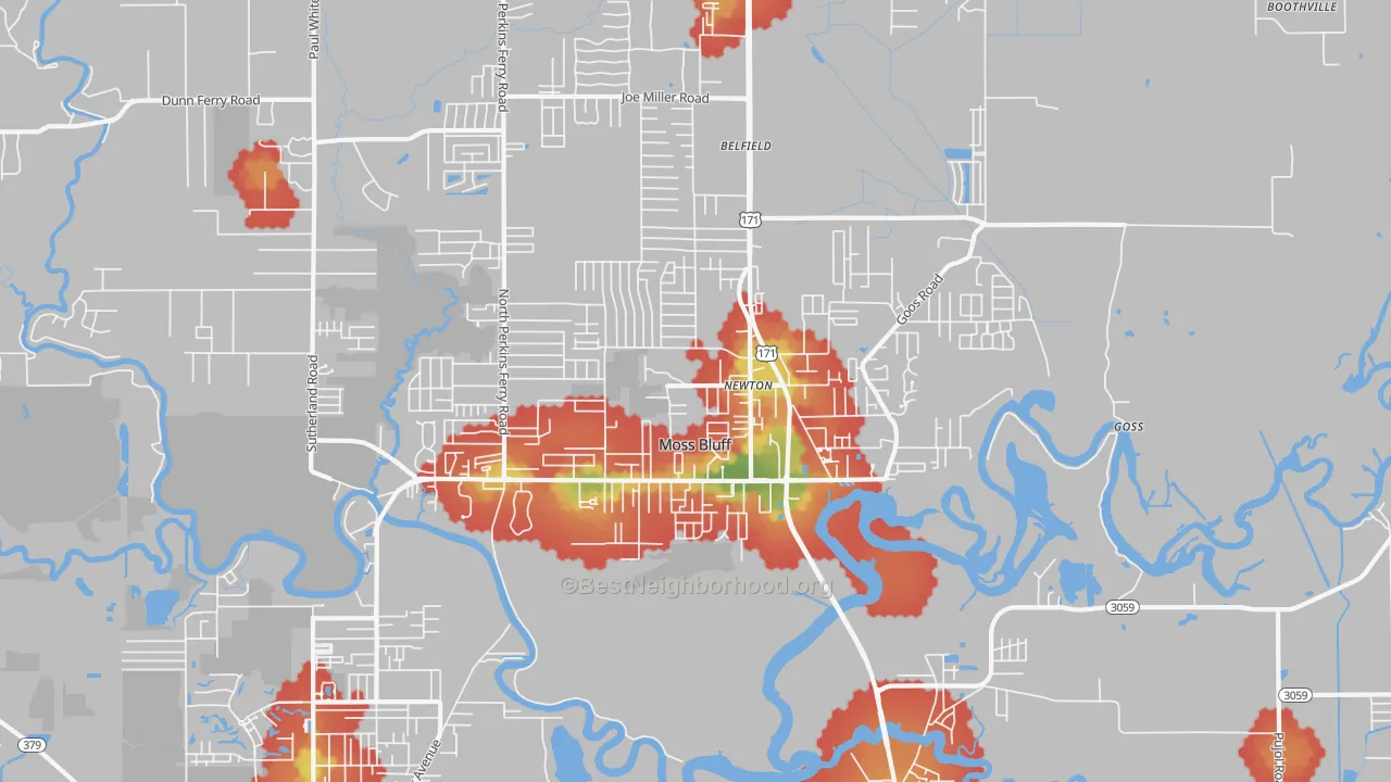 Walk Grade map of Moss Bluff, LA, walkable areas in green and car-dependent areas in red