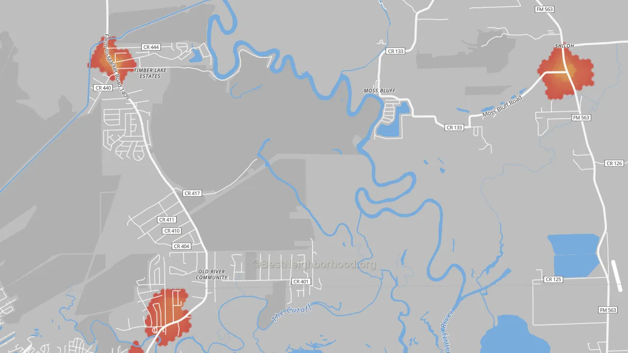 Walk Grade map of Moss Bluff, TX, walkable areas in green and car-dependent areas in red