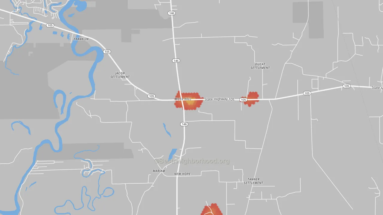 Walk Grade map of Moss Hill, TX, walkable areas in green and car-dependent areas in red