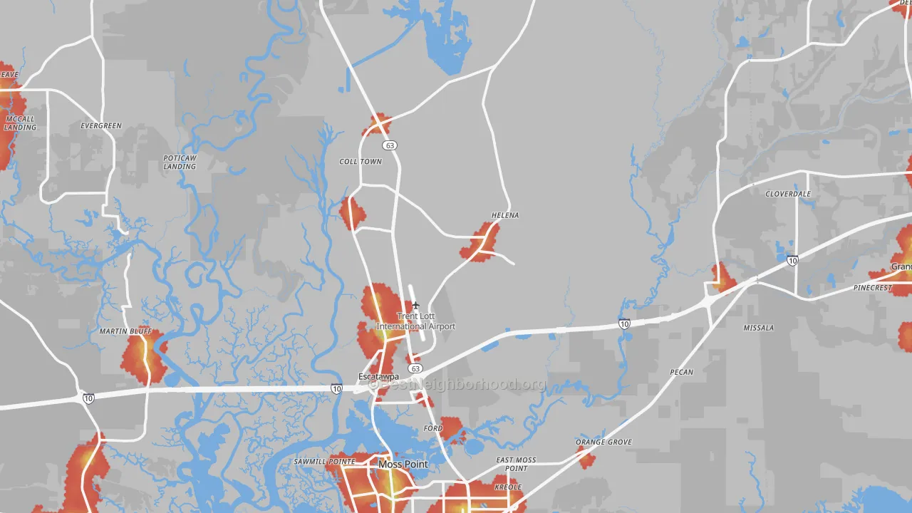 Walk Grade map of Moss Point, MS, walkable areas in green and car-dependent areas in red