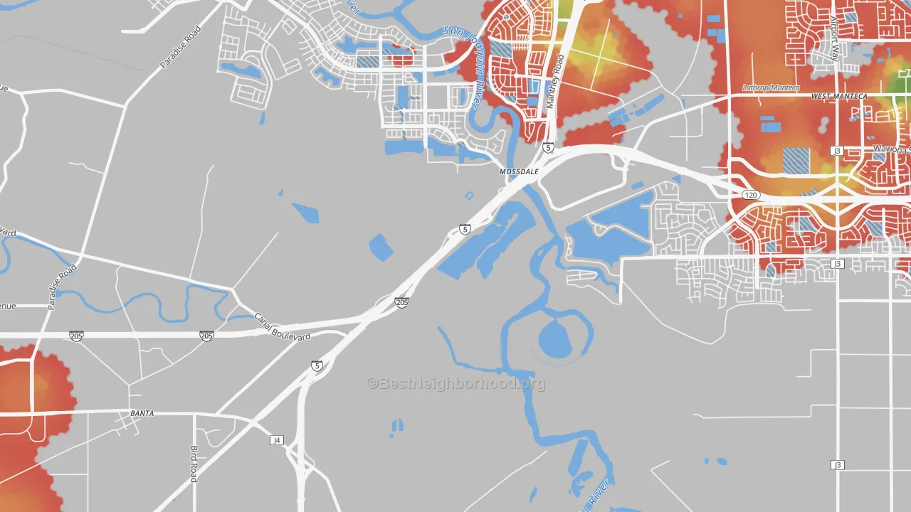 Walk Grade map of Mossdale, CA, walkable areas in green and car-dependent areas in red