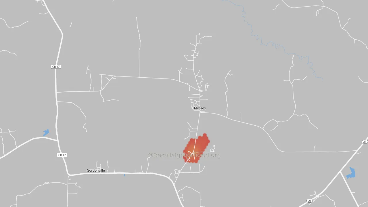 Walk Grade map of Mosses, AL, walkable areas in green and car-dependent areas in red