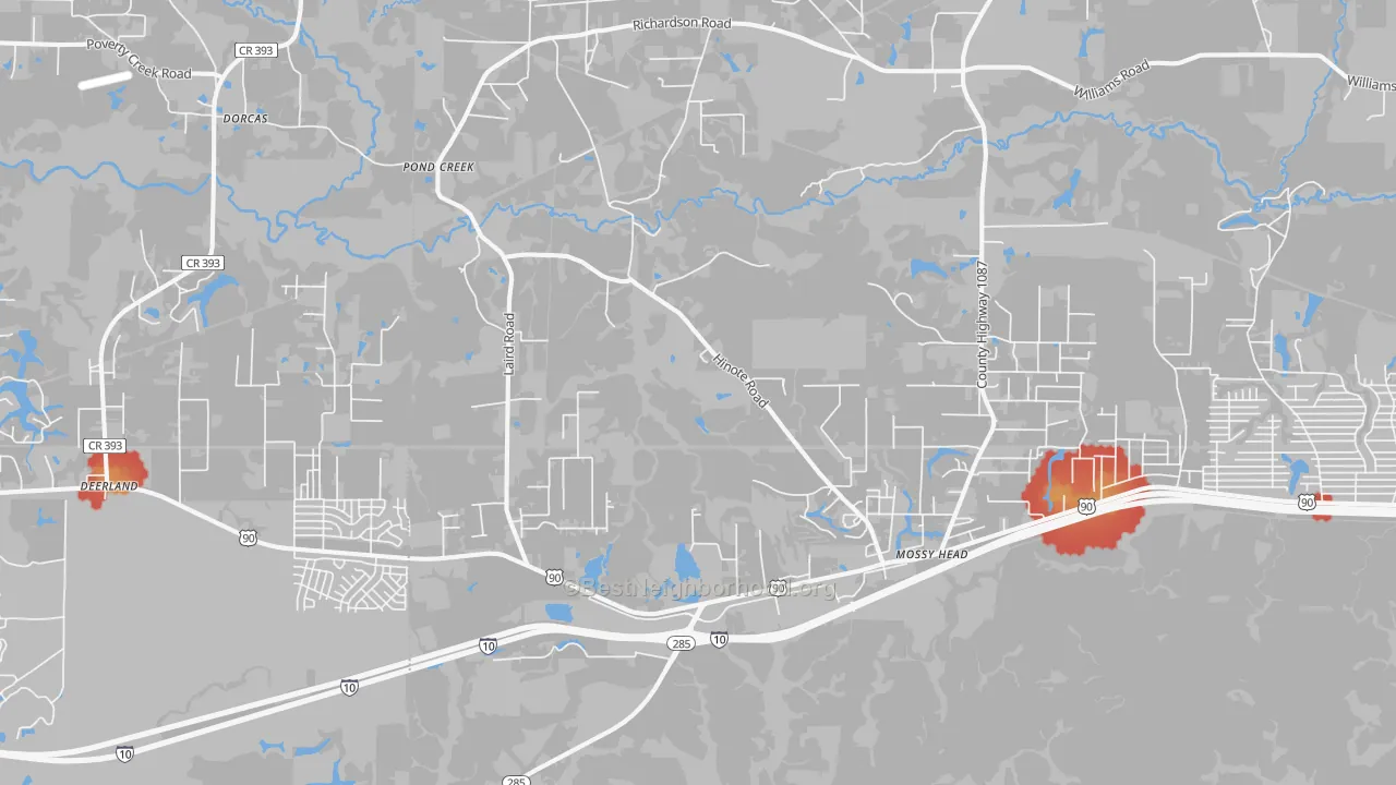 Walk Grade map of Mossy Head, FL, walkable areas in green and car-dependent areas in red
