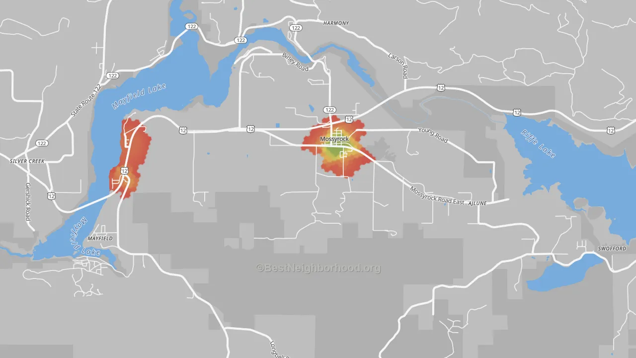 Walk Grade map of Mossyrock, WA, walkable areas in green and car-dependent areas in red
