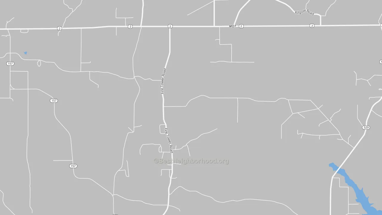 Walk Grade map of Mot, LA, walkable areas in green and car-dependent areas in red