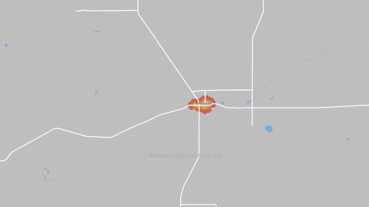 Walk Grade map of Motley County, TX, walkable areas in green and car-dependent areas in red