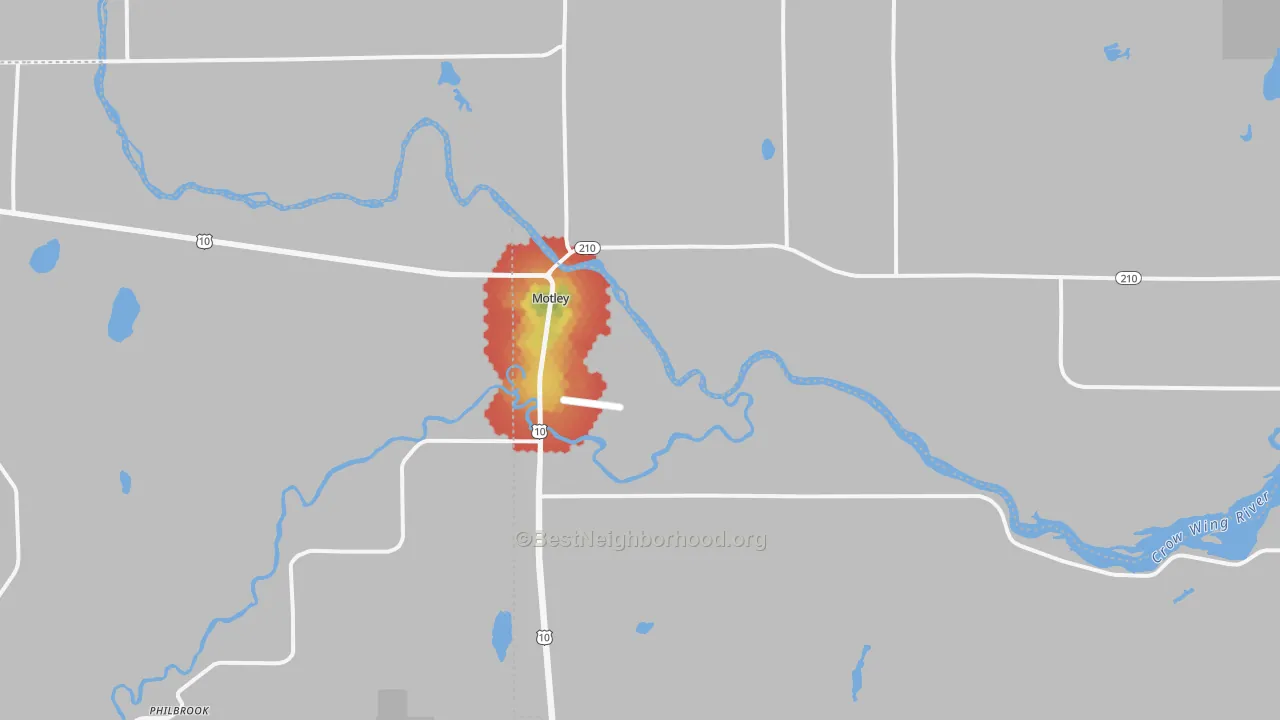 Walk Grade map of Motley, MN, walkable areas in green and car-dependent areas in red