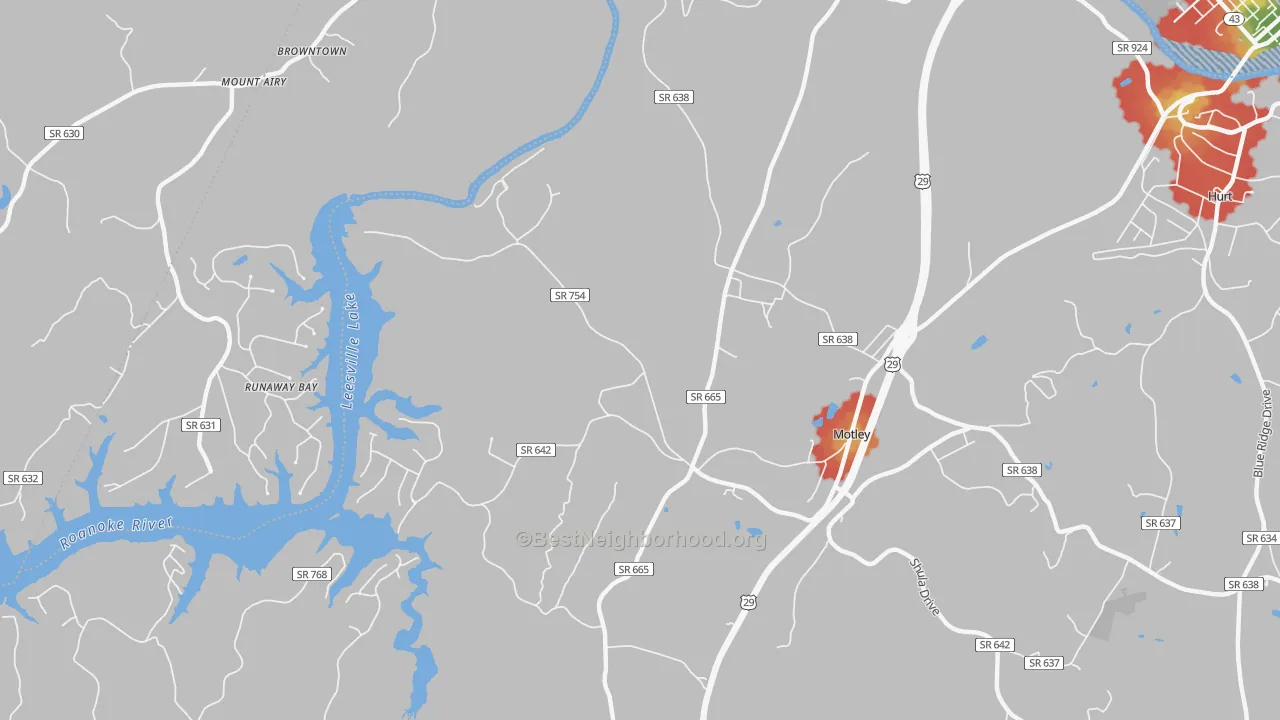 Walk Grade map of Motley, VA, walkable areas in green and car-dependent areas in red