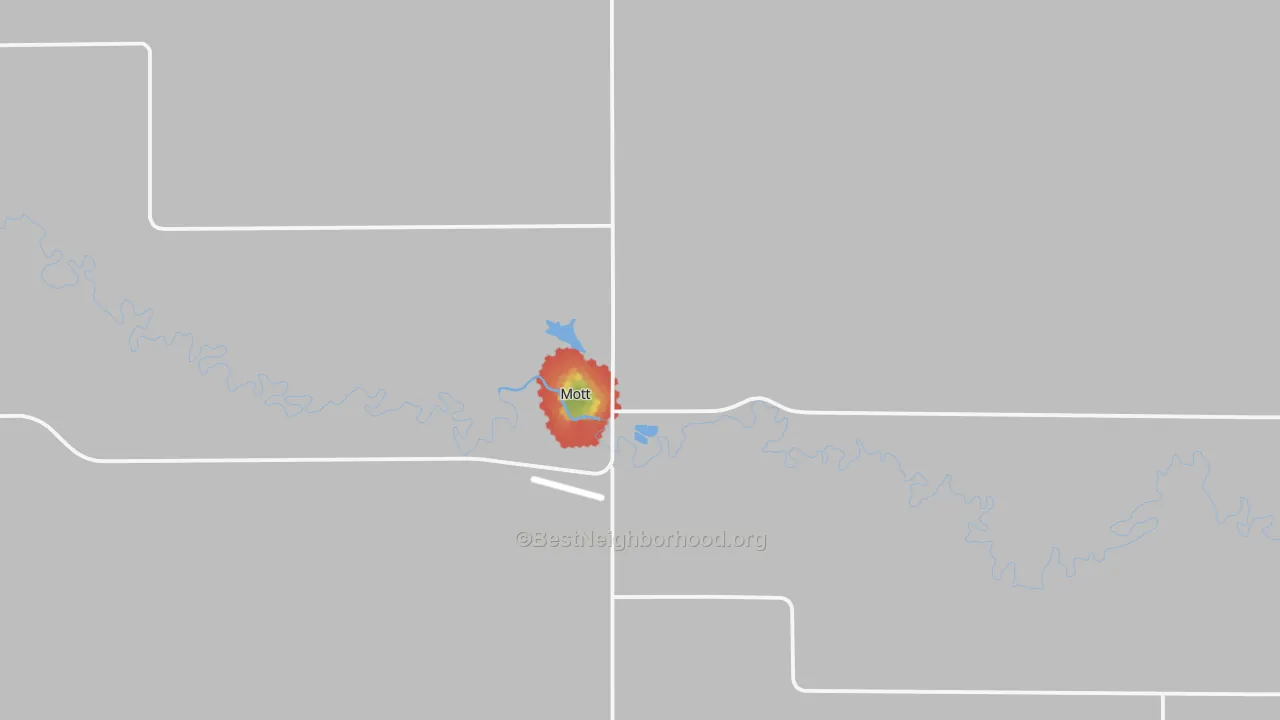 Walk Grade map of Mott, ND, walkable areas in green and car-dependent areas in red