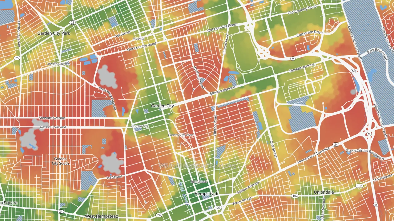 Walk Grade map of Mott Section, Garden City, NY, walkable areas in green and car-dependent areas in red