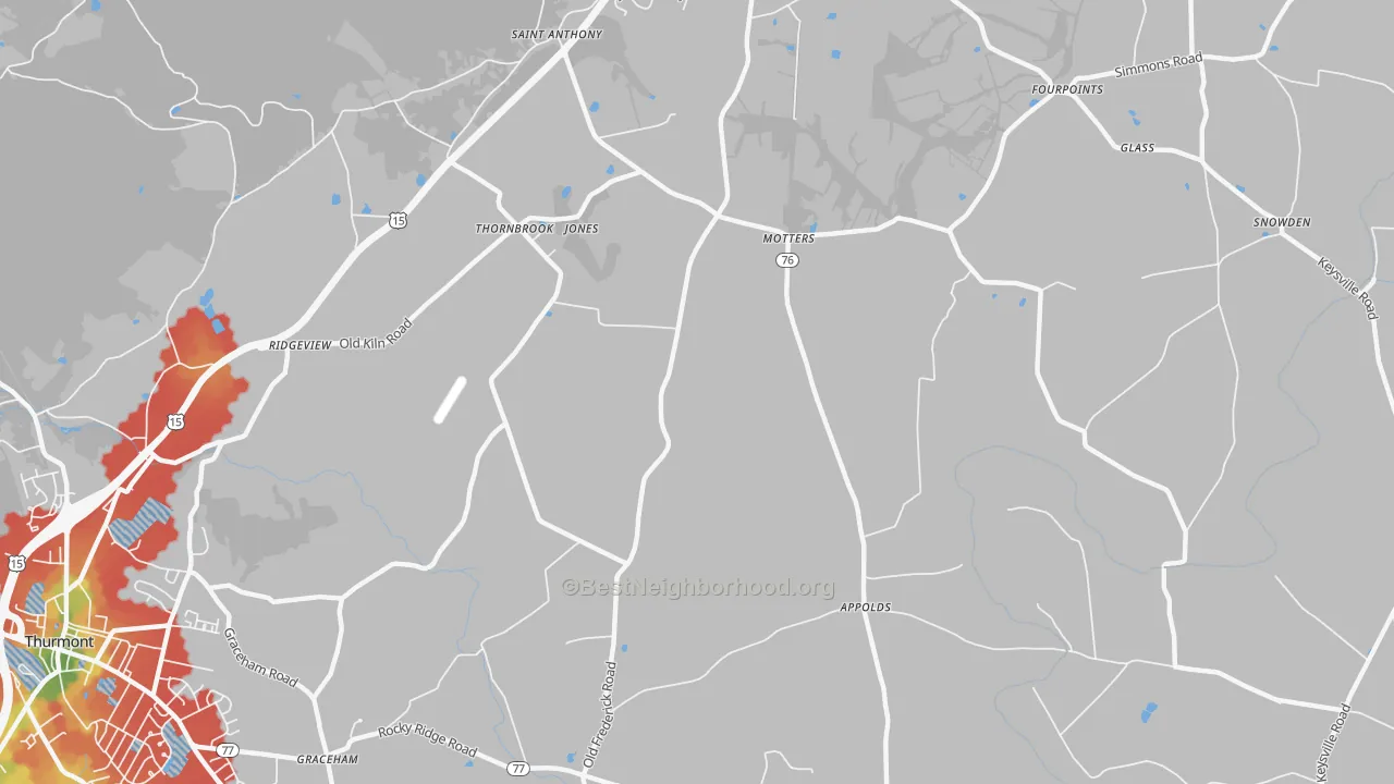 Walk Grade map of Motters, MD, walkable areas in green and car-dependent areas in red