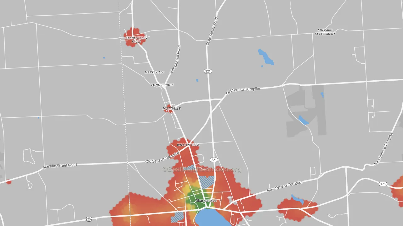 Walk Grade map of Mottville, NY, walkable areas in green and car-dependent areas in red