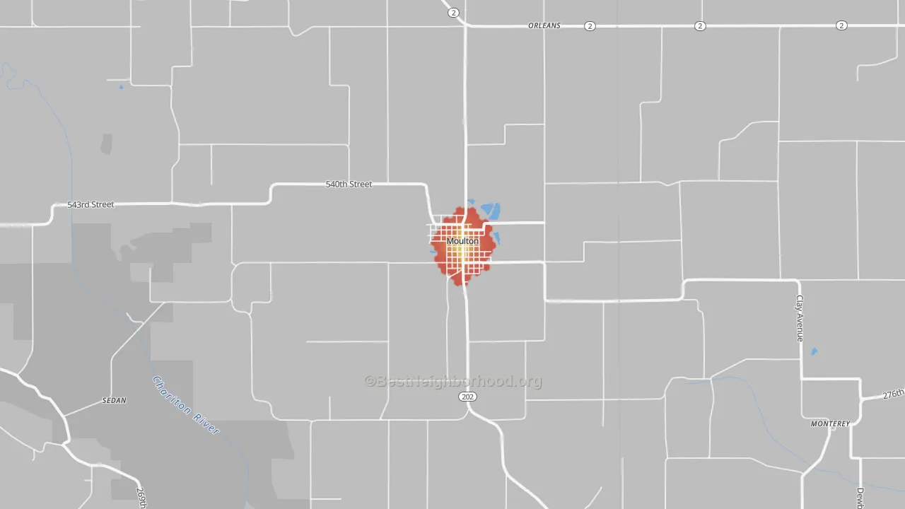 Walk Grade map of Moulton, IA, walkable areas in green and car-dependent areas in red