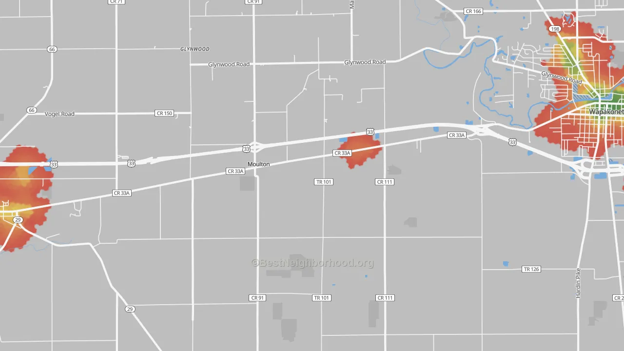 Walk Grade map of Moulton, OH, walkable areas in green and car-dependent areas in red