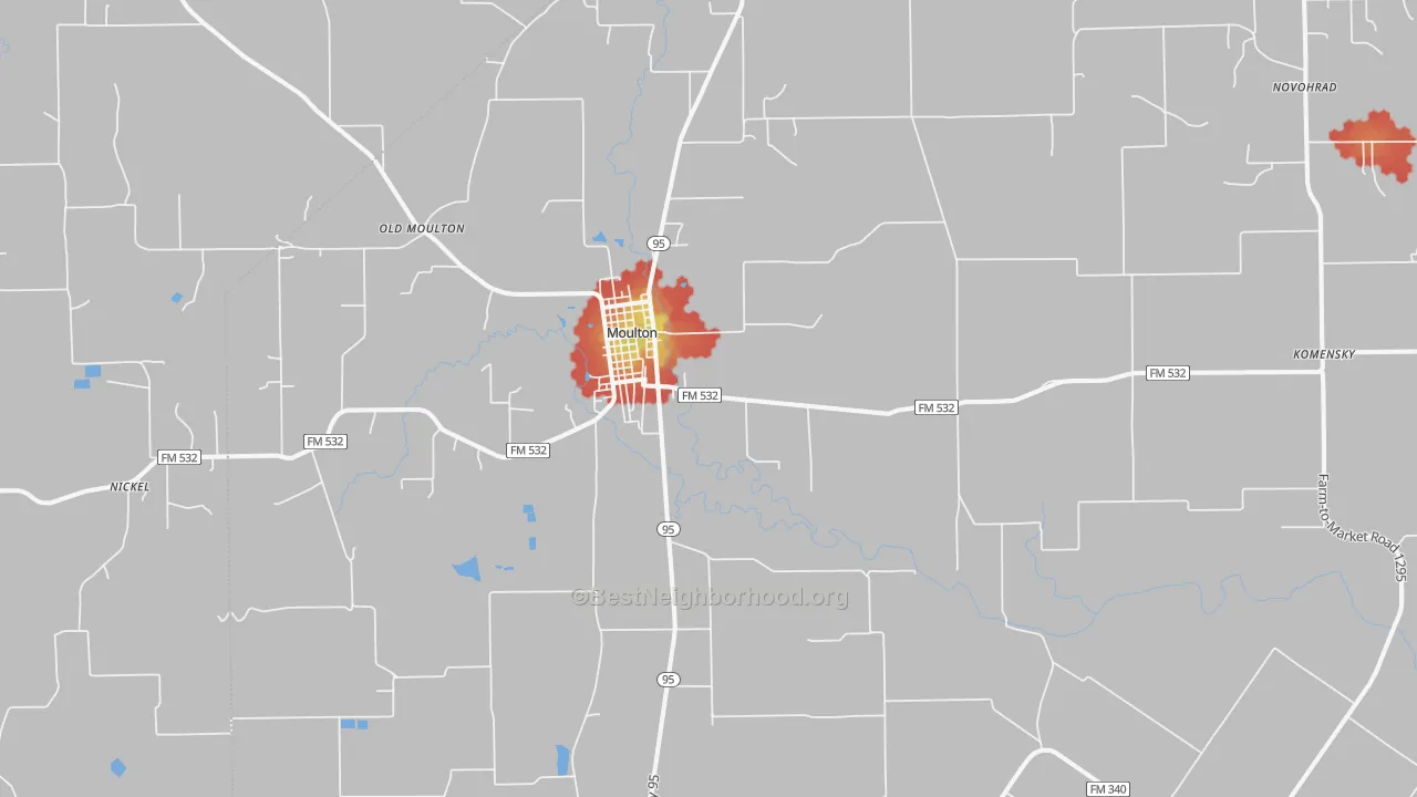 Walk Grade map of Moulton, TX, walkable areas in green and car-dependent areas in red