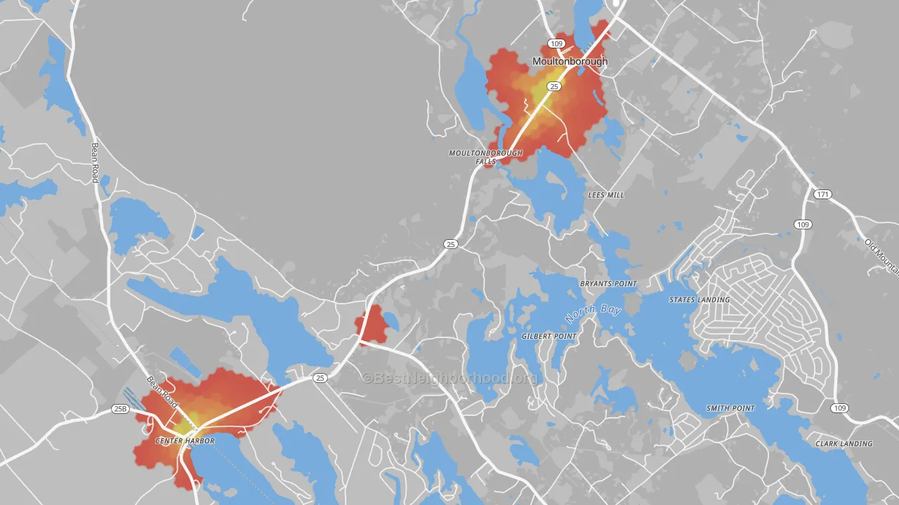 Walk Grade map of Moultonborough Falls, NH, walkable areas in green and car-dependent areas in red
