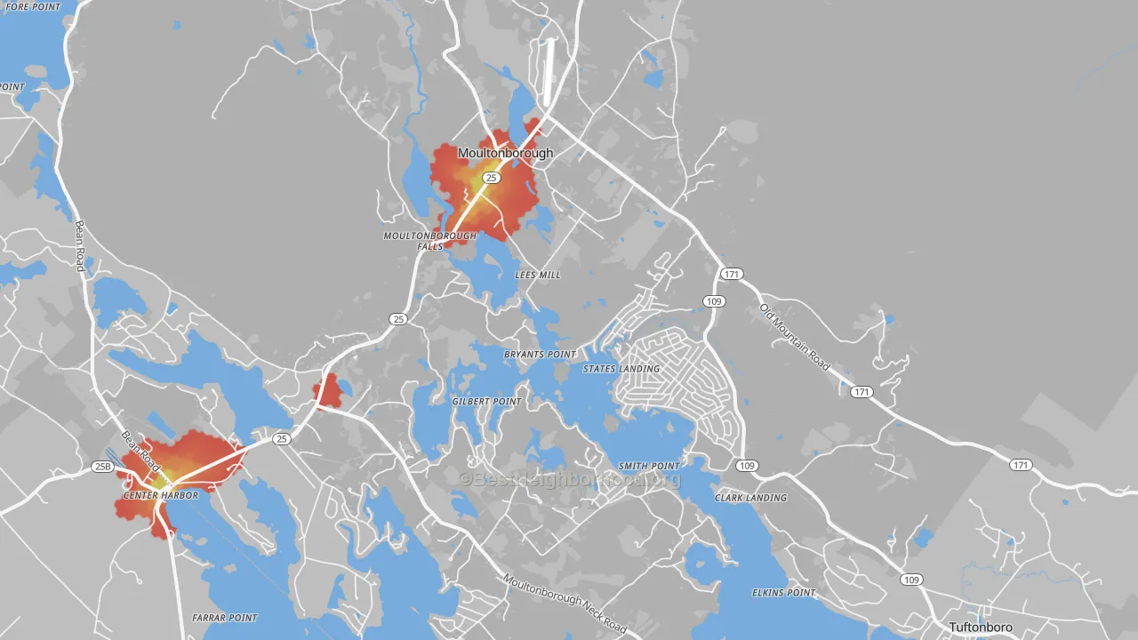 Walk Grade map of Moultonborough, NH, walkable areas in green and car-dependent areas in red