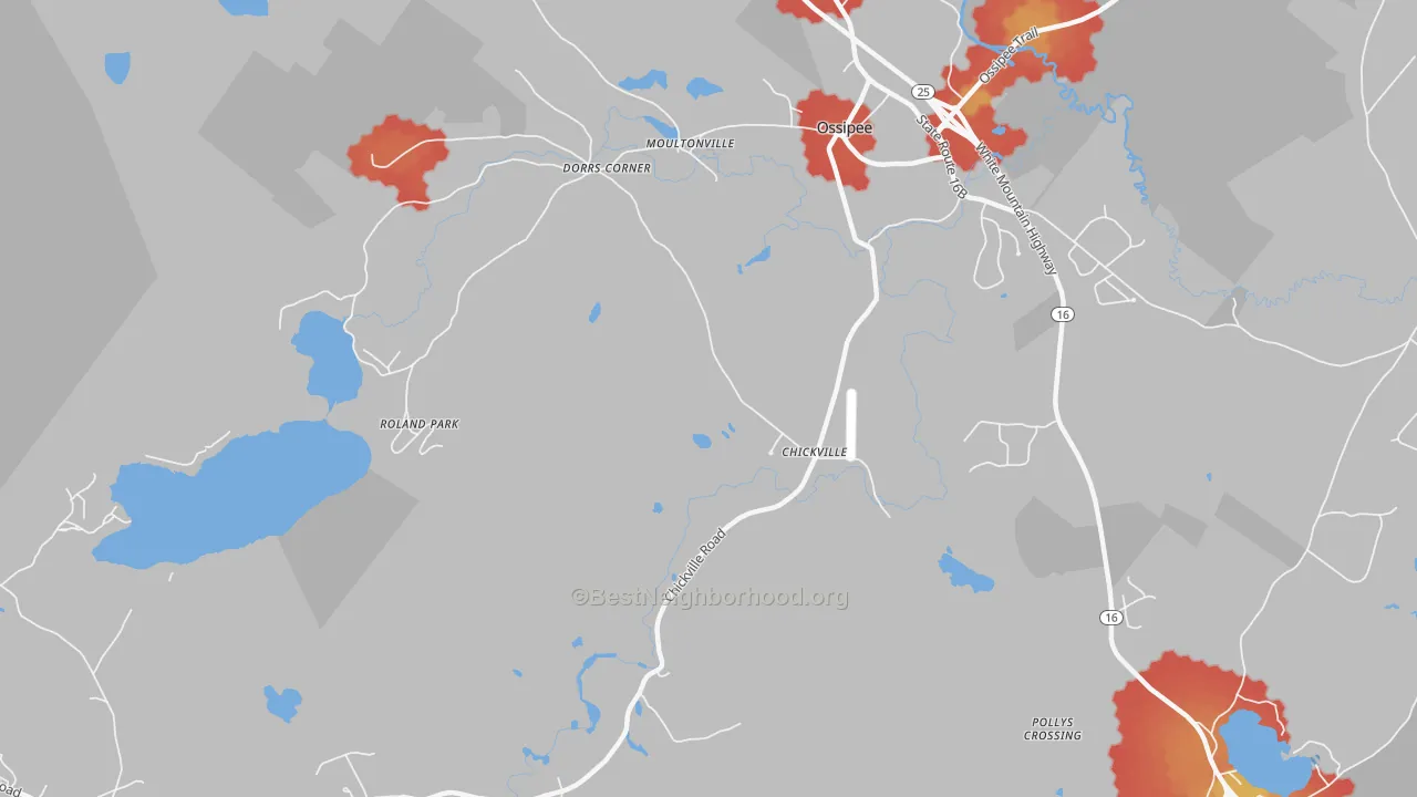 Walk Grade map of Moultonville, NH, walkable areas in green and car-dependent areas in red