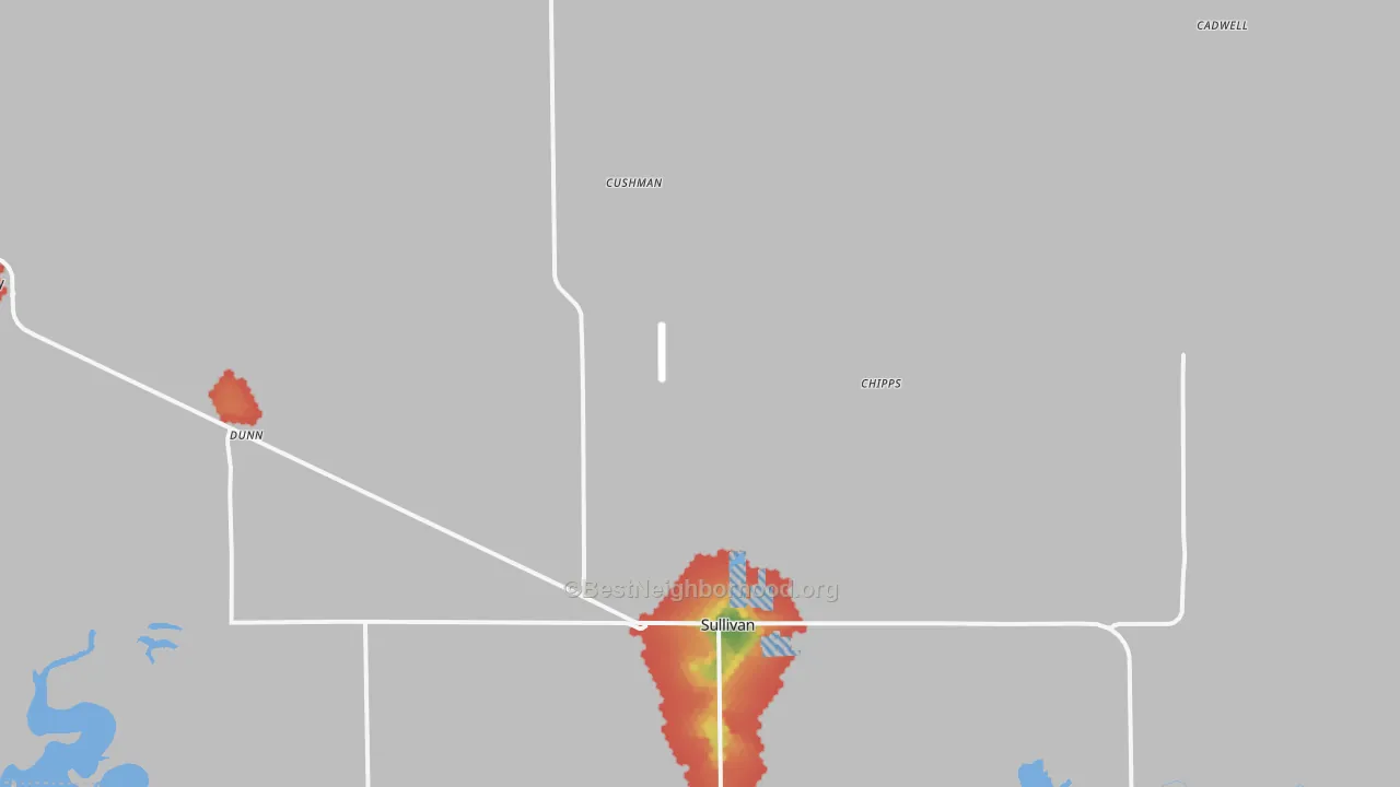Walk Grade map of Moultrie County, IL, walkable areas in green and car-dependent areas in red