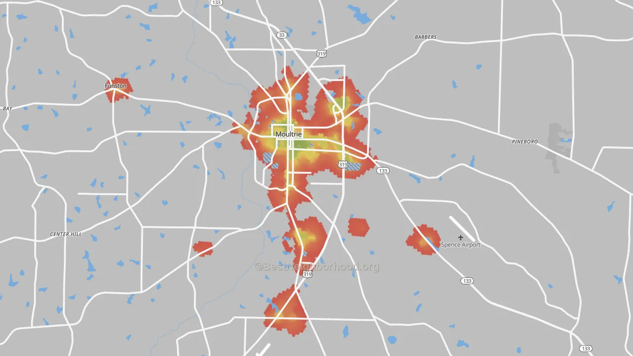 Walk Grade map of Moultrie, GA, walkable areas in green and car-dependent areas in red