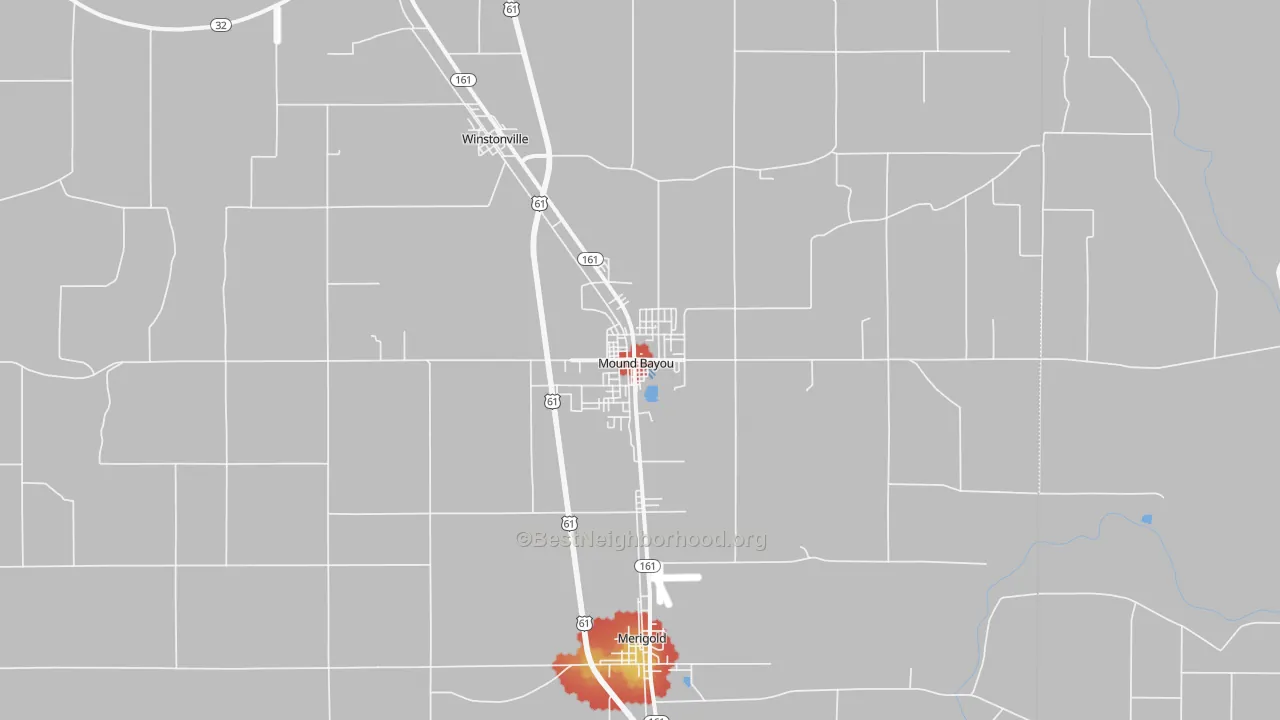 Walk Grade map of Mound Bayou, MS, walkable areas in green and car-dependent areas in red