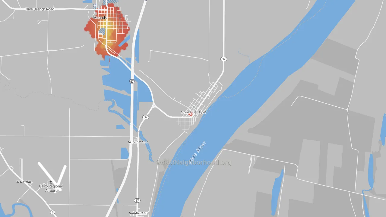 Walk Grade map of Mound City, IL, walkable areas in green and car-dependent areas in red