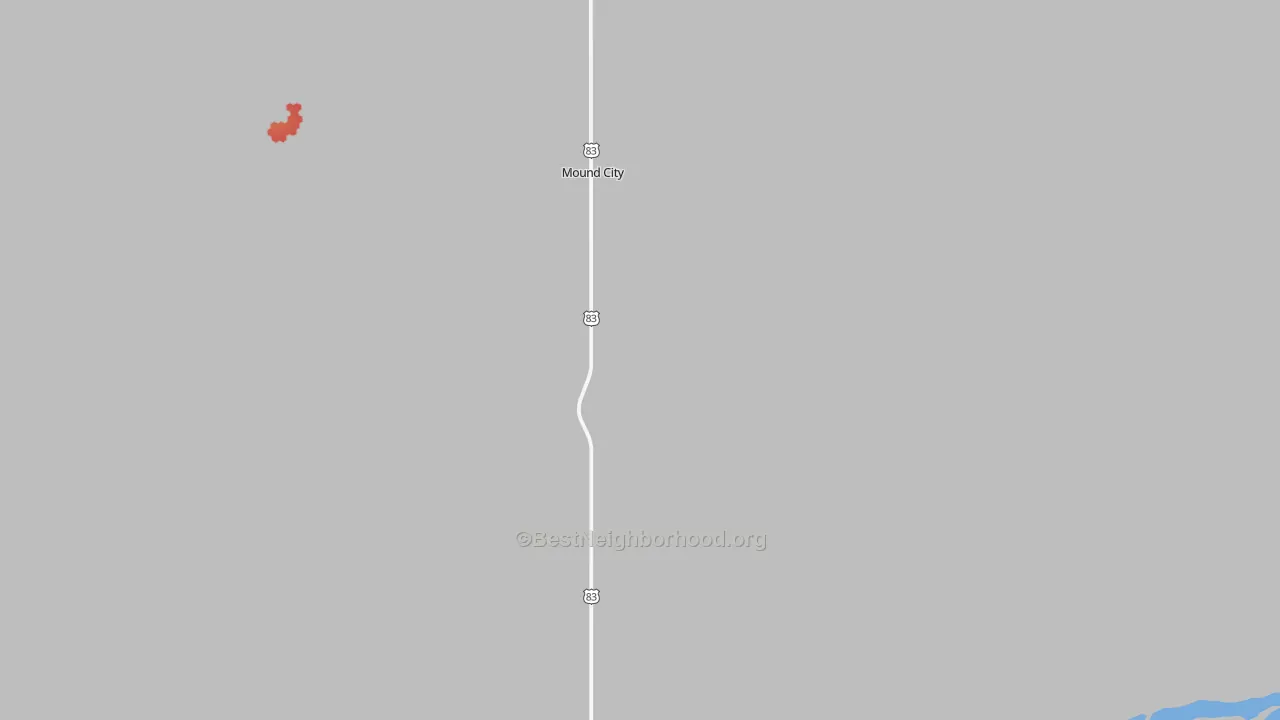 Walk Grade map of Mound City, SD, walkable areas in green and car-dependent areas in red