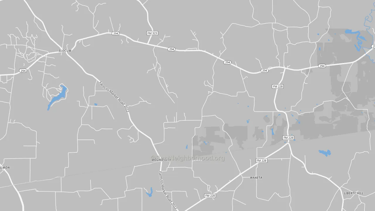 Walk Grade map of Mound City, TX, walkable areas in green and car-dependent areas in red