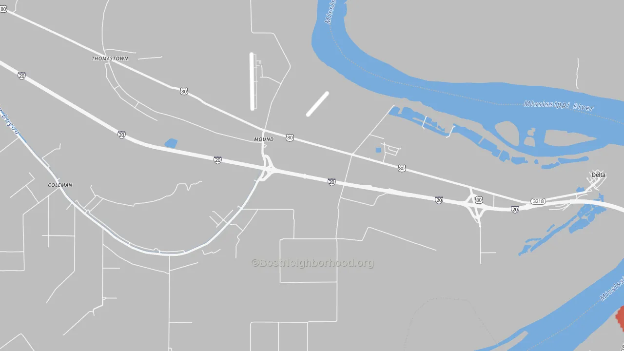 Walk Grade map of Mound, LA, walkable areas in green and car-dependent areas in red