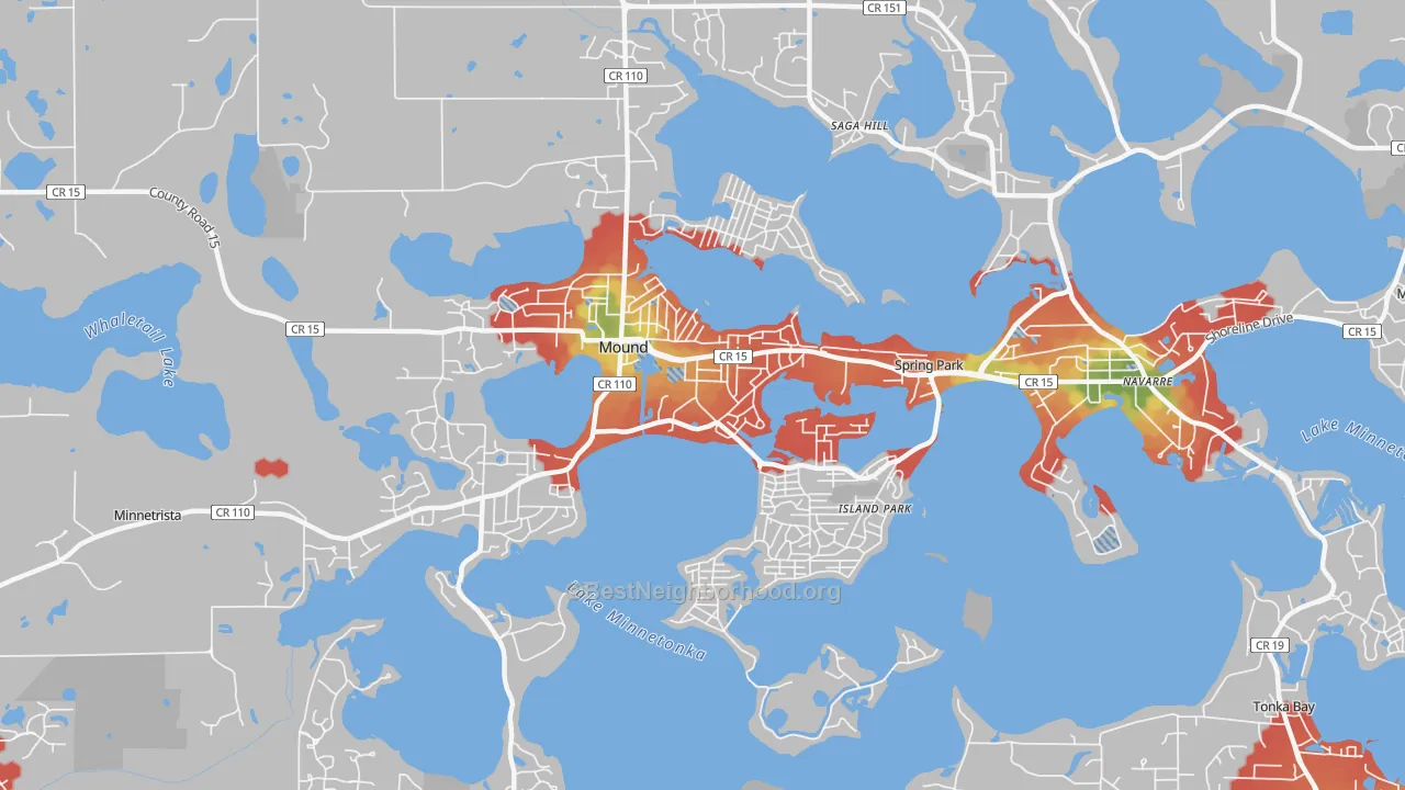 Walk Grade map of Mound, MN, walkable areas in green and car-dependent areas in red