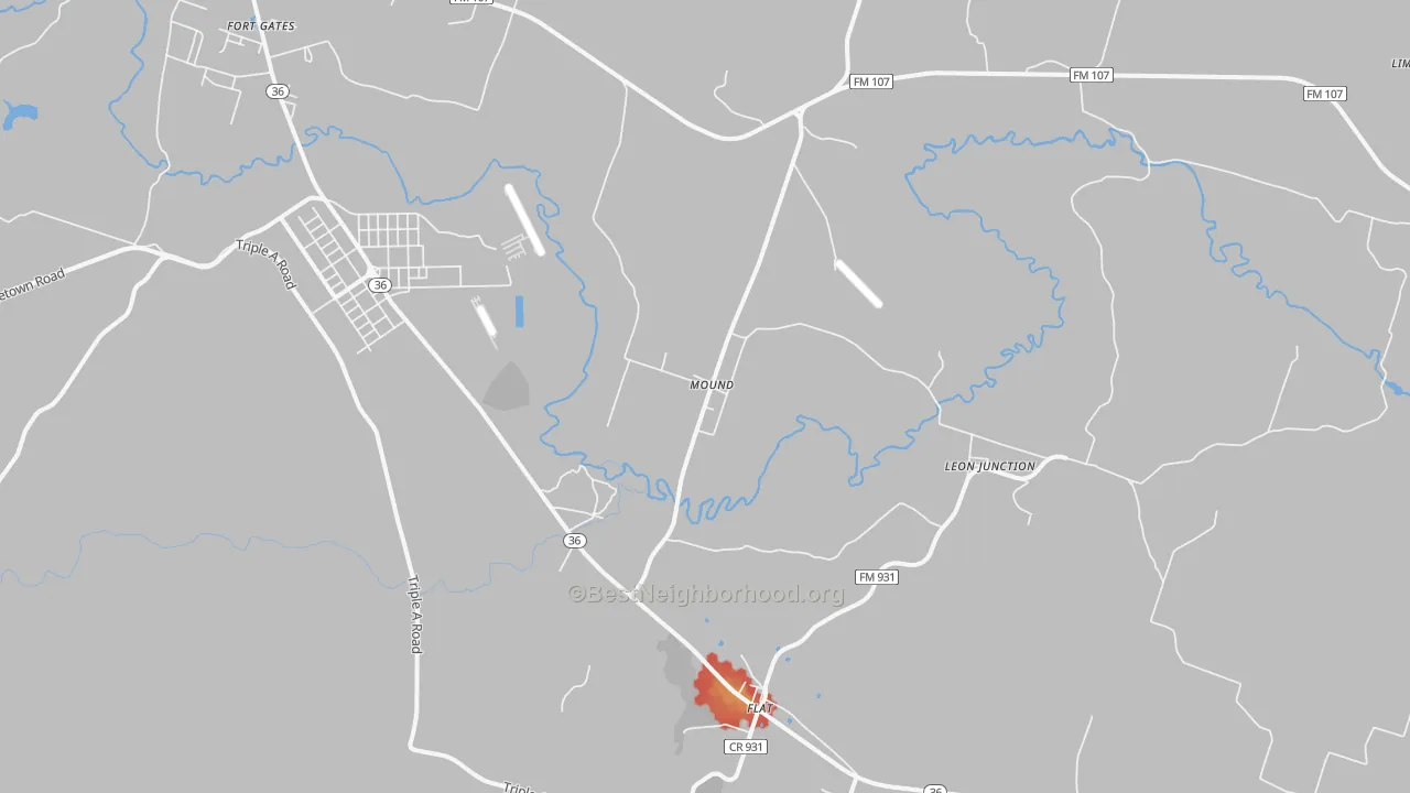 Walk Grade map of Mound, TX, walkable areas in green and car-dependent areas in red