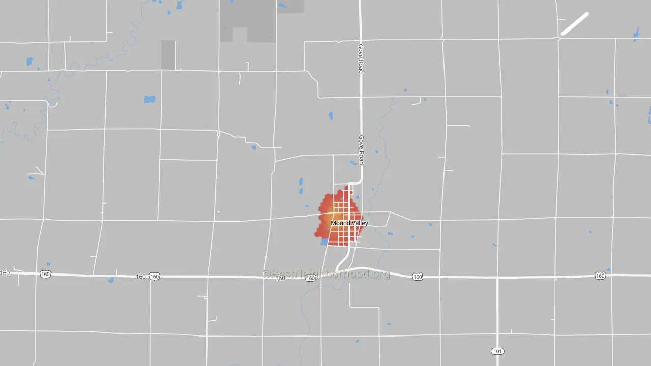 Walk Grade map of Mound Valley, KS, walkable areas in green and car-dependent areas in red