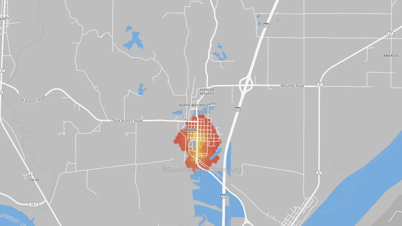 Walk Grade map of Mounds, IL, walkable areas in green and car-dependent areas in red