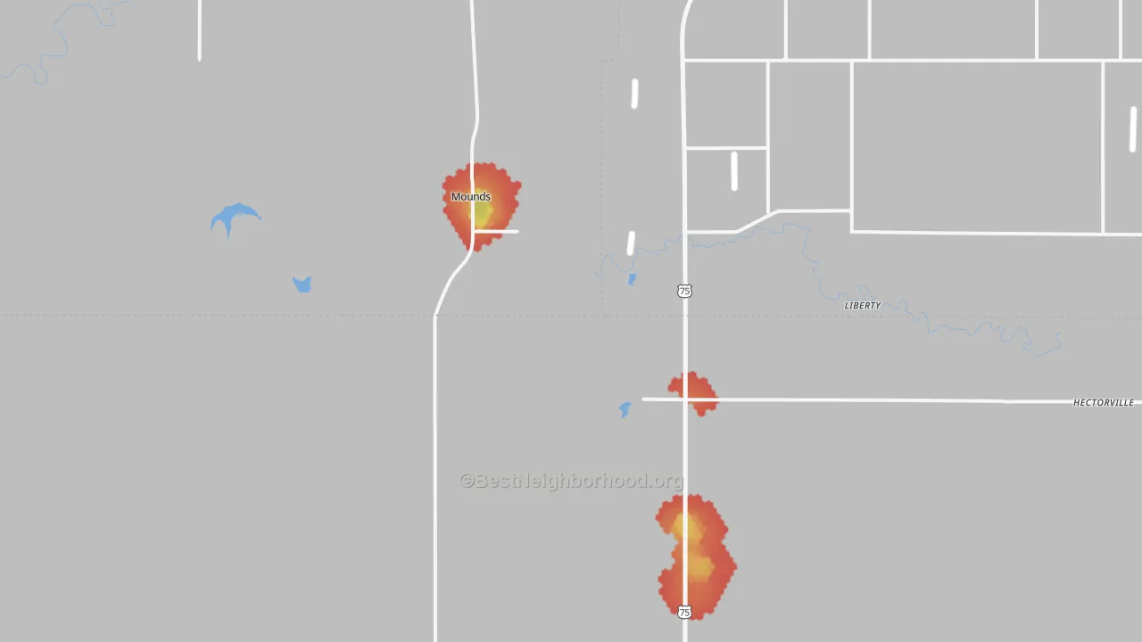 Walk Grade map of Mounds, OK, walkable areas in green and car-dependent areas in red