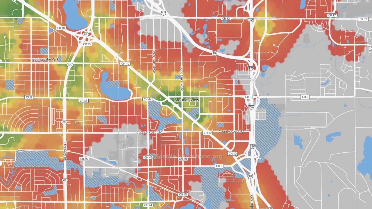 Walk Grade map of Mounds View, MN, walkable areas in green and car-dependent areas in red